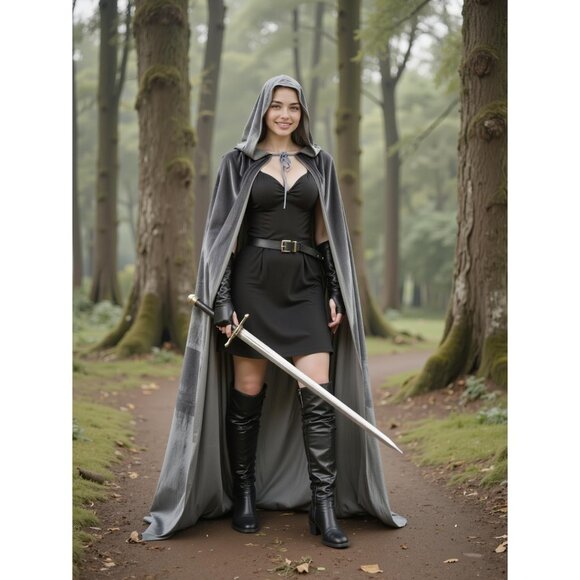 Gray Witch Velvet Hooded Cloak Halloween Cape Queen King Renaissance Medieval - Picture 4 of 7